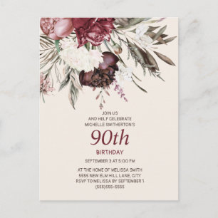 90th Birthday Burgundy Ivory Floral Cream Postcard