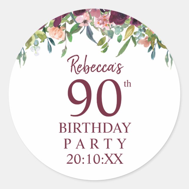 90th Birthday | Burgundy Marsala Floral Party Classic Round Sticker (Front)