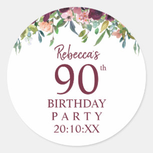90th Birthday   Burgundy Marsala Floral Party Classic Round Sticker