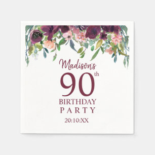 90th Birthday Burgundy Marsala Floral Party Napkin