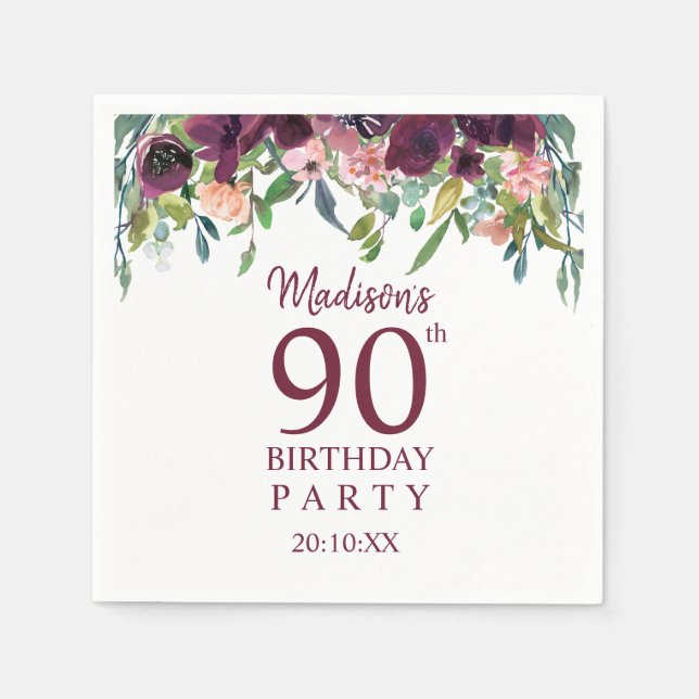 90th Birthday | Burgundy Marsala Floral Party Napkin (Front)