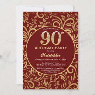 90th Birthday Burgundy Red and Gold Floral Pattern Invitation