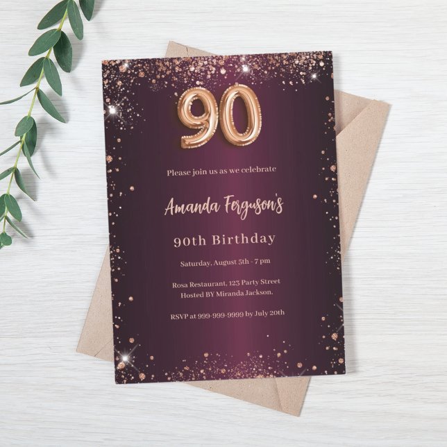 90th birthday burgundy rose gold invitation (Creator Uploaded)