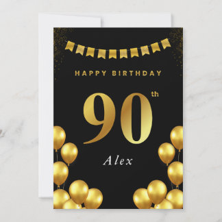 90th Birthday Card Black and Gold Balloons