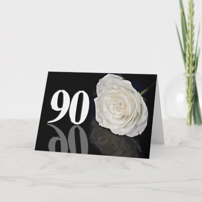 90th Birthday Card with a classic white rose (Front)