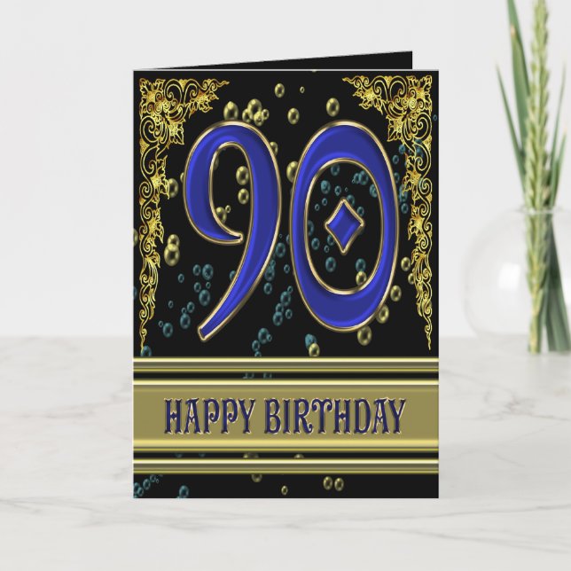 90th birthday card with gold and bubbles (Front)