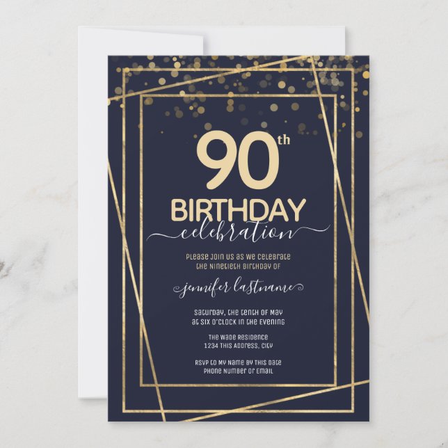 90th Birthday Celebration blue and gold Invitation (Front)