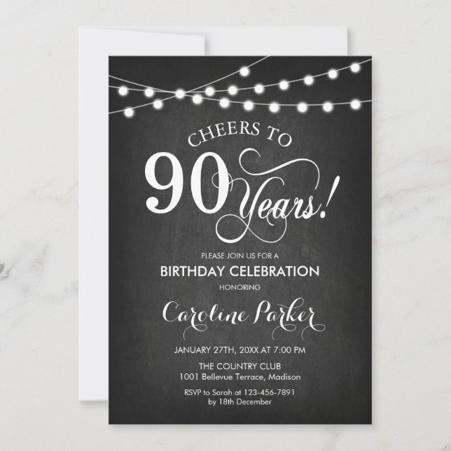 90th Birthday - Chalkboard Black White Invitation (Front)