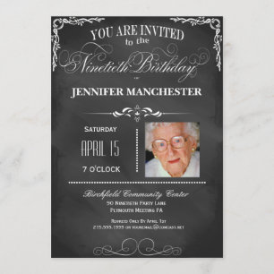 90th Birthday Chalkboard Typography Party Invite