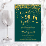 90th Birthday - Cheers To 90 Years Emerald Green Invitation<br><div class="desc">90th Birthday Invitation. Cheers To 90 Years! Elegant design in emerald green and gold. Features champagne glasses,  script font and confetti. Perfect for a stylish ninetieth birthday party. Personalise with your own details. Can be customised to show any age.</div>