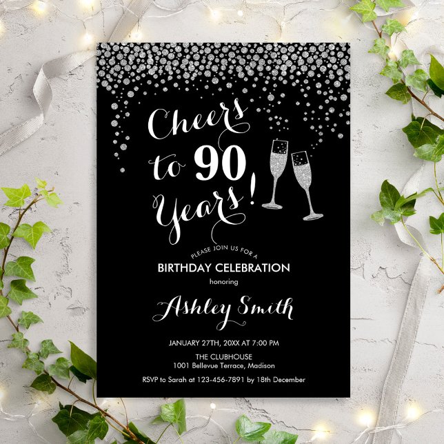 90th Birthday - Cheers To 90 Years Silver Black Invitation (Creator Uploaded)