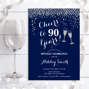 90th Birthday - Cheers To 90 Years Silver Navy Invitation