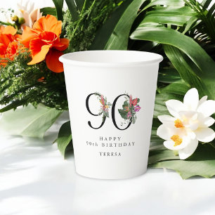 90th Birthday Cheers with Name Tropical Floral Paper Cups