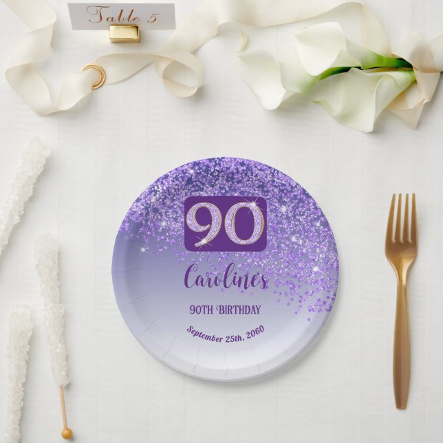 90th Birthday Chic Falling Purple Glitter Paper Plate (Wedding)