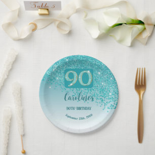 90th Birthday Chic Falling Teal Blue Glitter Paper Plate