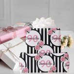 90th birthday chic pink roses black white stripes wrapping paper<br><div class="desc">Classic slim black and white vertical stripes as background. With girly, feminine and romantic pink roses as decoration. Perfect for an elegant 90th birthday party for her. White and black frames with templates for name and age. Age number 90 in pink, name and date in black. The name is written...</div>