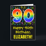 90th Birthday: Colorful Music Symbols   Rainbow 90 Card<br><div class="desc">The front of this fun, vibrant, and colorful birthday-themed greeting card design features a large number "90" with a rainbow spectrum gradient inspired pattern, along with the message "Happy 90th Birthday, ", and an editable recipient name. The front also has a pattern of various music notes and symbols having a...</div>