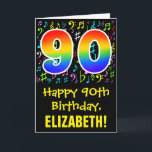 90th Birthday: Colorful Music Symbols   Rainbow 90 Card<br><div class="desc">The front of this fun, vibrant, and colorful birthday-themed greeting card design features a large number "90" with a rainbow spectrum gradient inspired pattern, along with the message "Happy 90th Birthday, ", and an editable recipient name. The front also has a pattern of various music notes and symbols having a...</div>