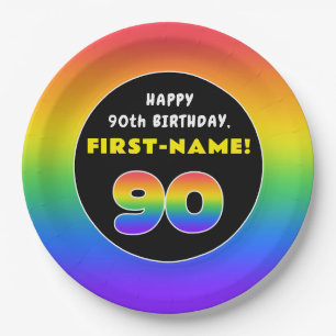 90th Birthday: Colorful Rainbow # 90, Custom Name Paper Plate