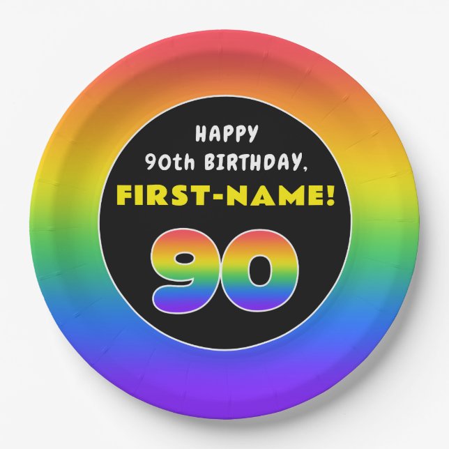 90th Birthday: Colorful Rainbow # 90, Custom Name Paper Plate (Front)
