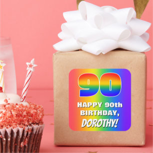 90th Birthday: Colourful, Fun Rainbow Pattern # 90 Square Sticker