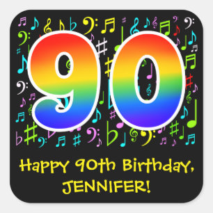 90th Birthday: Colourful Music Symbols, Rainbow 90 Square Sticker