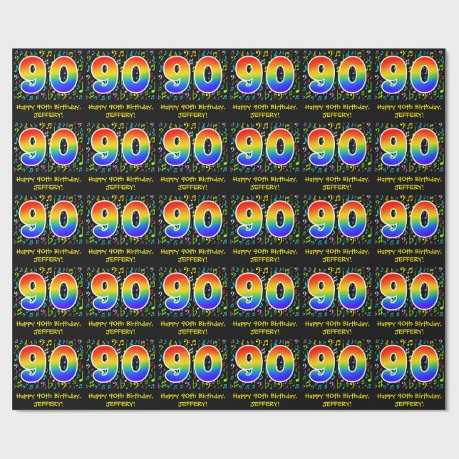 90th Birthday: Colourful Music Symbols, Rainbow 90 Wrapping Paper (Flat)