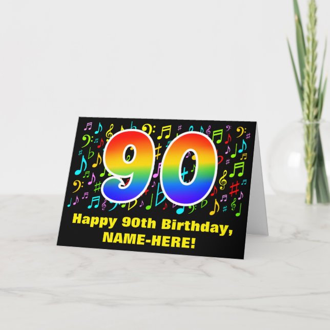 90th Birthday: Colourful Music Symbols & Rainbow 9 Card (Front)