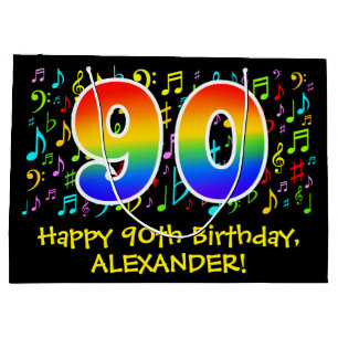 90th Birthday - Colourful Music Symbols, Rainbow 9 Large Gift Bag