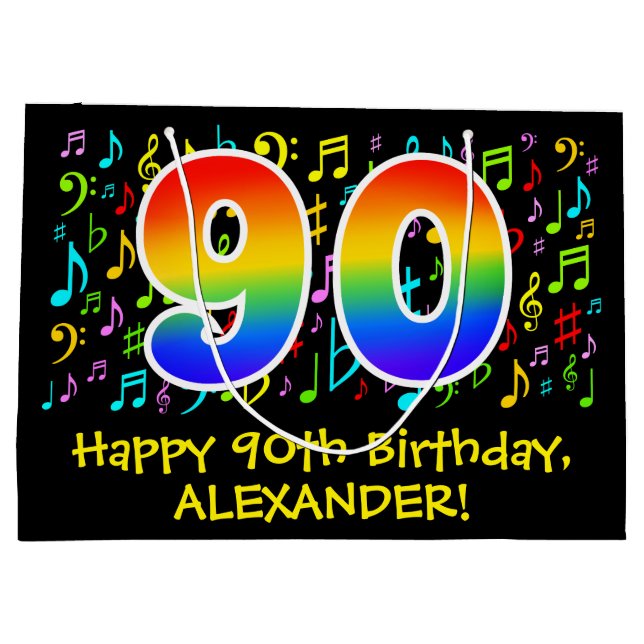 90th Birthday - Colourful Music Symbols, Rainbow 9 Large Gift Bag (Back)