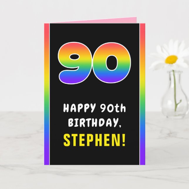 90th Birthday: Colourful Rainbow # 90, Custom Name Card (Small Plant)