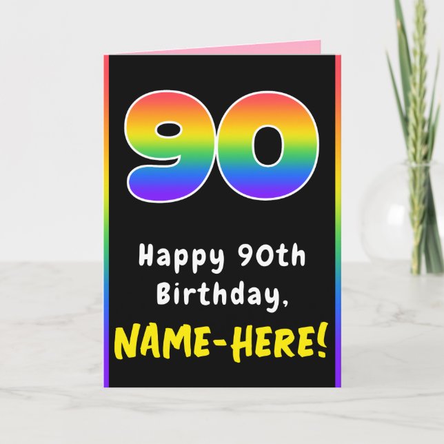 90th Birthday: Colourful Rainbow # 90, Custom Name Card (Front)