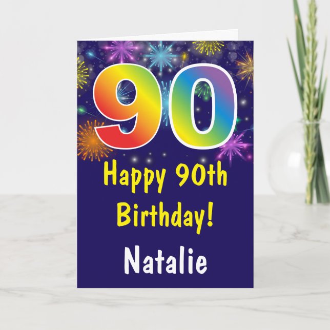 90th Birthday Colourful Rainbow Fireworks Navy Blu Card (Front)