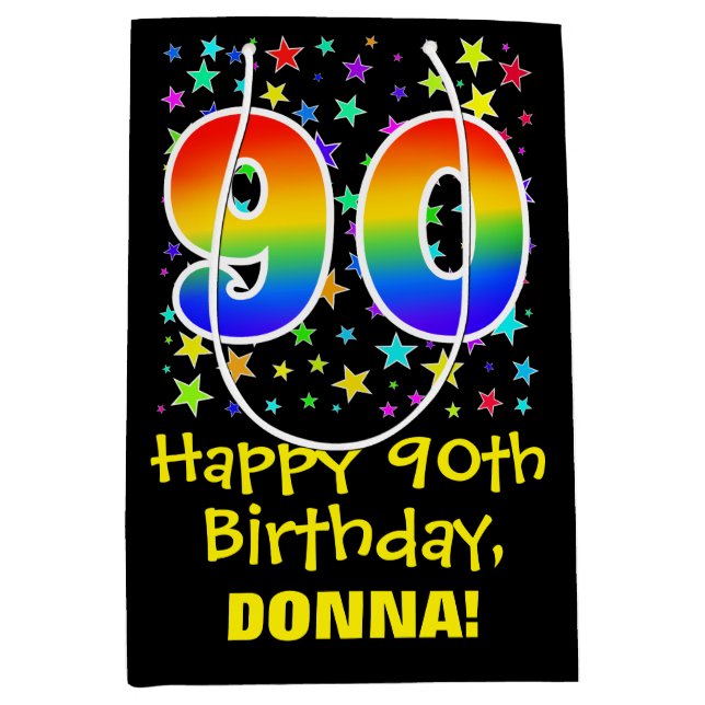 90th Birthday: Colourful Stars Pattern & Rainbow 9 Medium Gift Bag (Front)