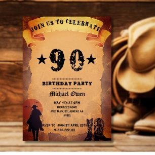 90th birthday cowboy old paper horse riding party invitation