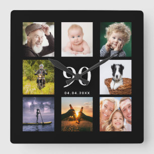 90th birthday custom photo collage family black square wall clock