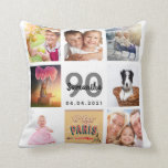 90th birthday custom photo collage woman white cushion<br><div class="desc">A unique gift for a womans 90th birthday, celebrating her life with a collage of 8 of your own photos, pictures. Personalise and add her name, age 90 and a date. A chic white background. Grey and black letters and numbers. The name is written with a modern hand lettered style...</div>