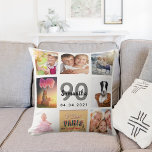 90th birthday custom photo collage woman white cushion<br><div class="desc">A unique gift for a womans 90th birthday, celebrating her life with a collage of 8 of your own photos, pictures. Personalise and add her name, age 90 and a date. A chic white background. Grey and black letters and numbers. The name is written with a modern hand lettered style...</div>