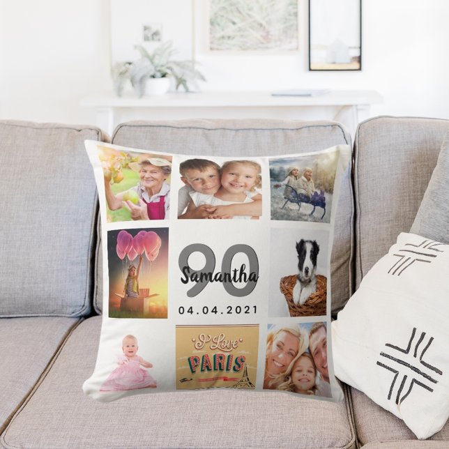 90th birthday custom photo collage woman white cushion (Creator Uploaded)