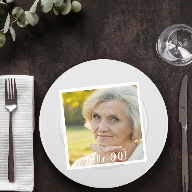 90th birthday custom photo hello 90 woman napkin (Creator Uploaded)