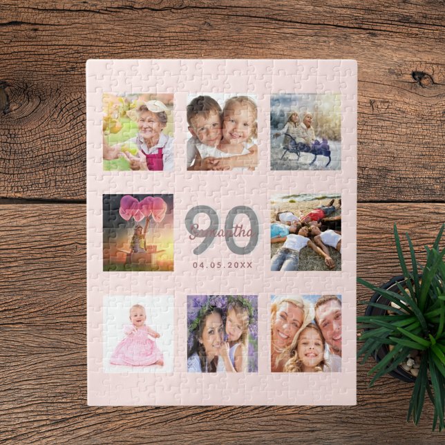 90th birthday custom photo rose gold blush pink jigsaw puzzle (Creator Uploaded)