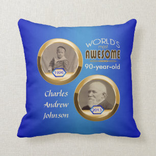 90th Birthday Custom Then Now Gold Blue Photoframe Cushion