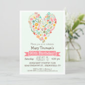 90th Birthday, Cute Floral Heart Birthday Party Invitation (Standing Front)