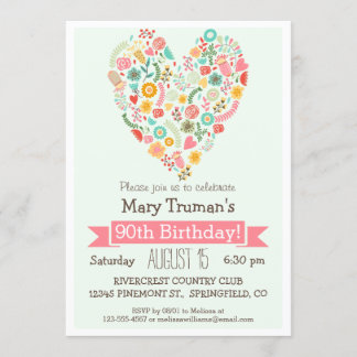 90th Birthday, Cute Floral Heart Birthday Party Invitation