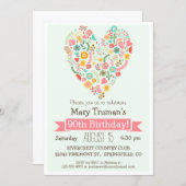 90th Birthday, Cute Floral Heart Birthday Party Invitation (Front/Back)
