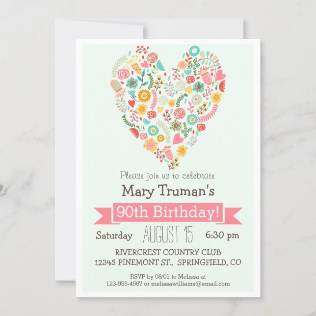90th Birthday, Cute Floral Heart Birthday Party Invitation (Front)