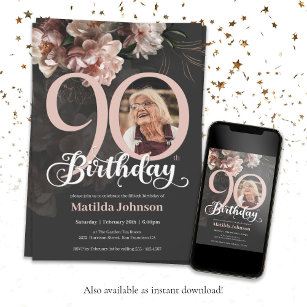 90th Birthday Dark Grey Pink Lush Floral Photo Invitation