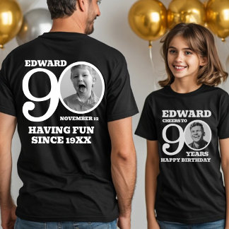 90th Birthday doubled sided photo name white text T-Shirt
