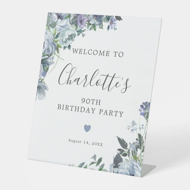 90th Birthday Dusty Blue Floral Welcome Pedestal Sign (Front)