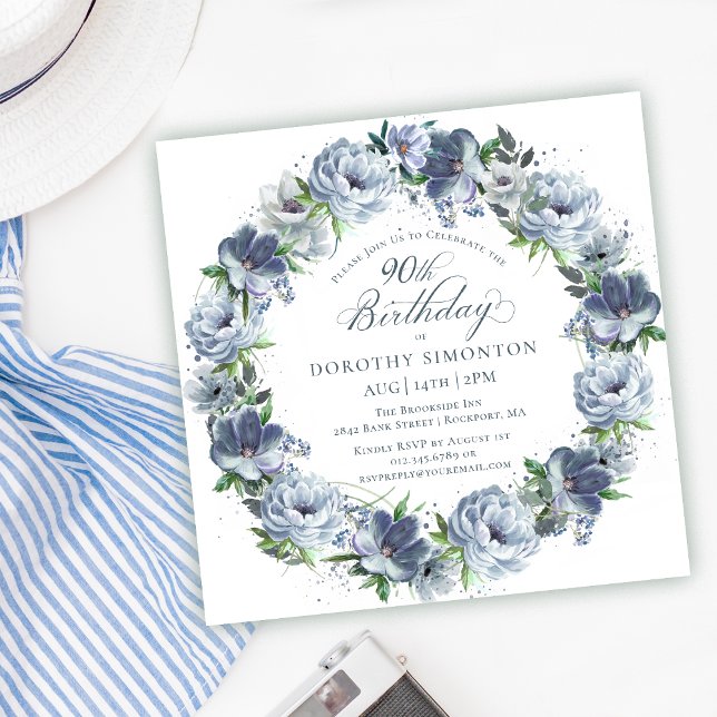 90th Birthday Dusty Blue Flower Wreath Invitation (Creator Uploaded)